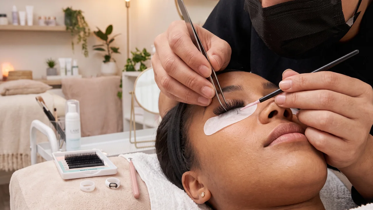 Eyelash extensions refill appointment with a lash artist replacing grown-out extensions for a fuller lash look