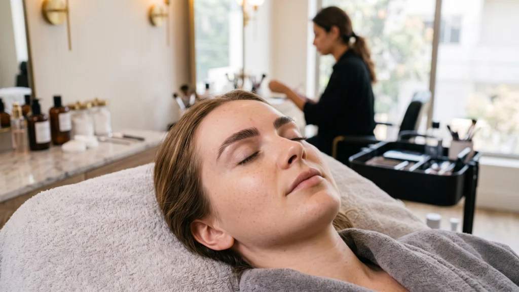 Woman relaxing during eyebrow lamination treatment with natural brow finish at EMME Lash Bar salon