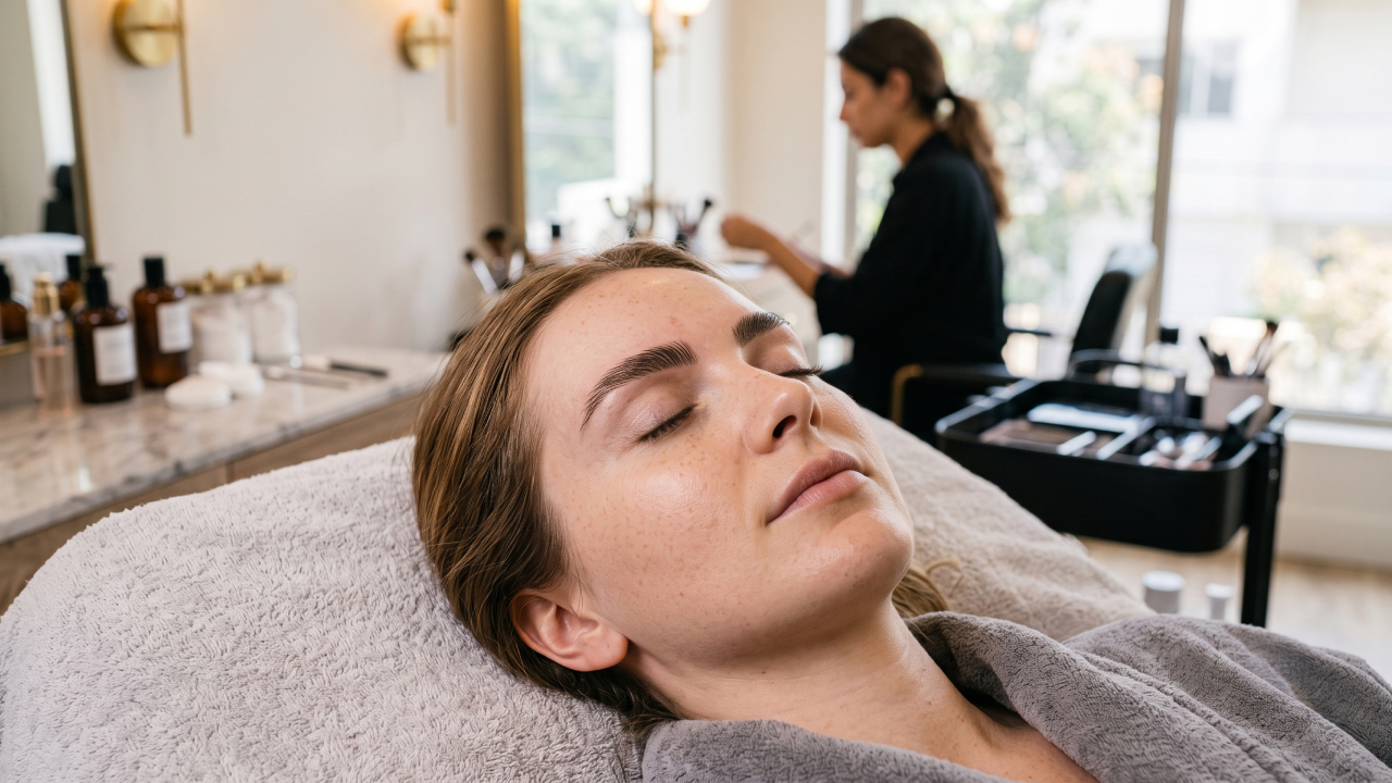 Woman relaxing during eyebrow lamination treatment with natural brow finish at EMME Lash Bar salon
