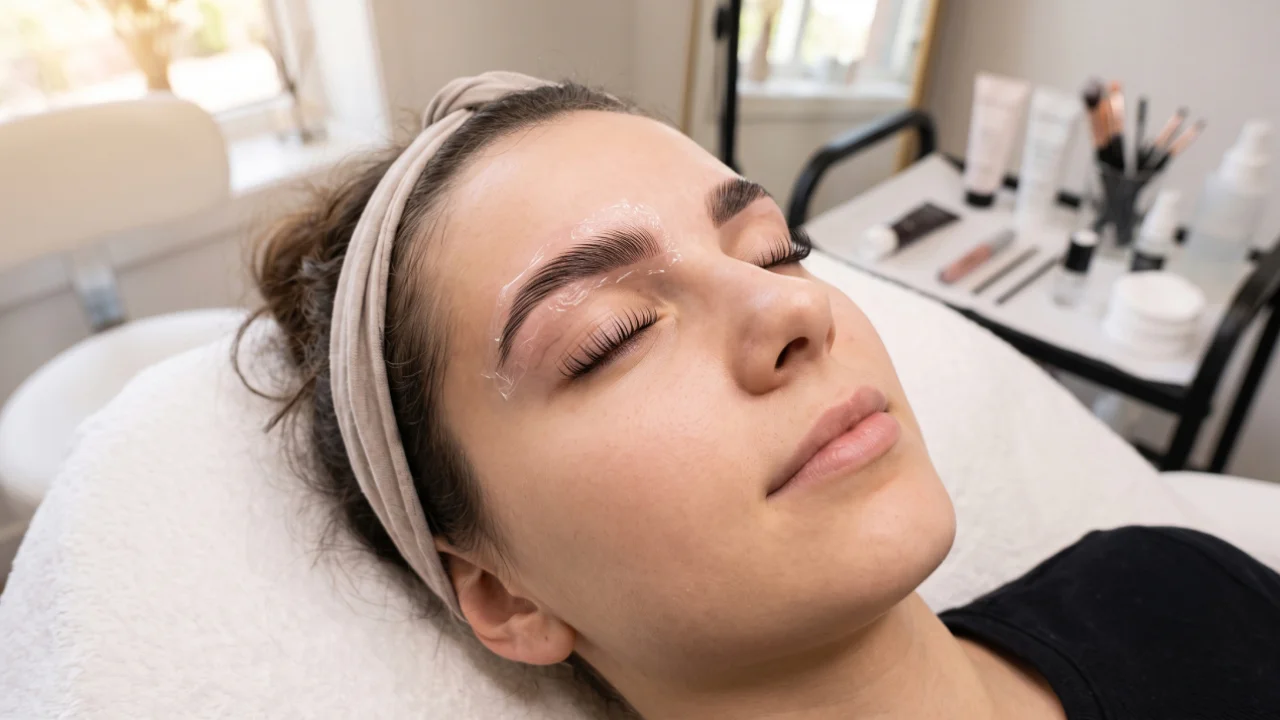 Woman relaxing during a lash lift and brow lamination treatment with brow lamination gel applied